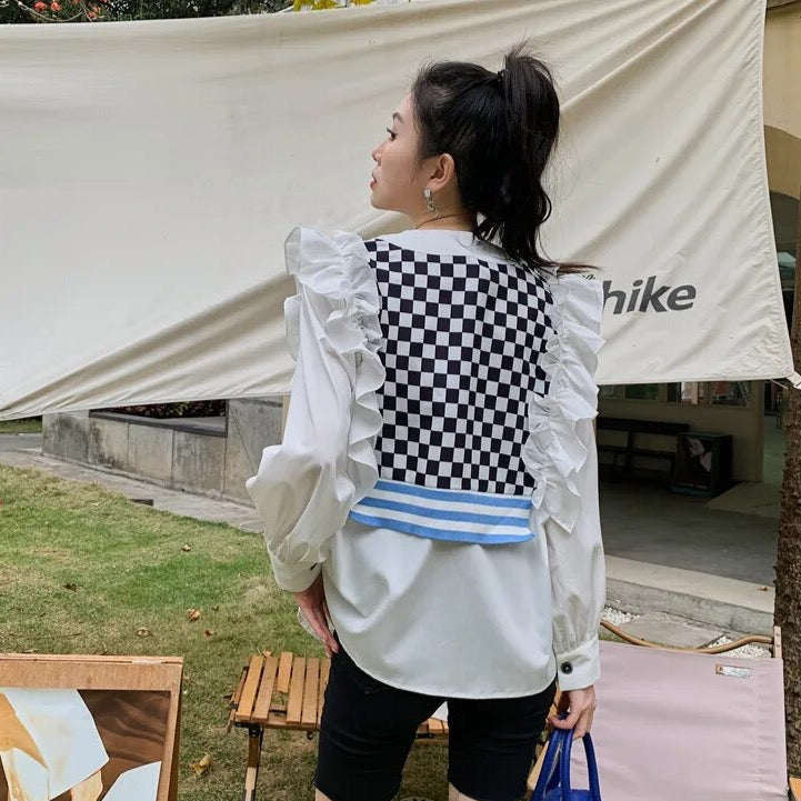 Aveline Checks Vest Patchwork Ruffle Shirt Blouse