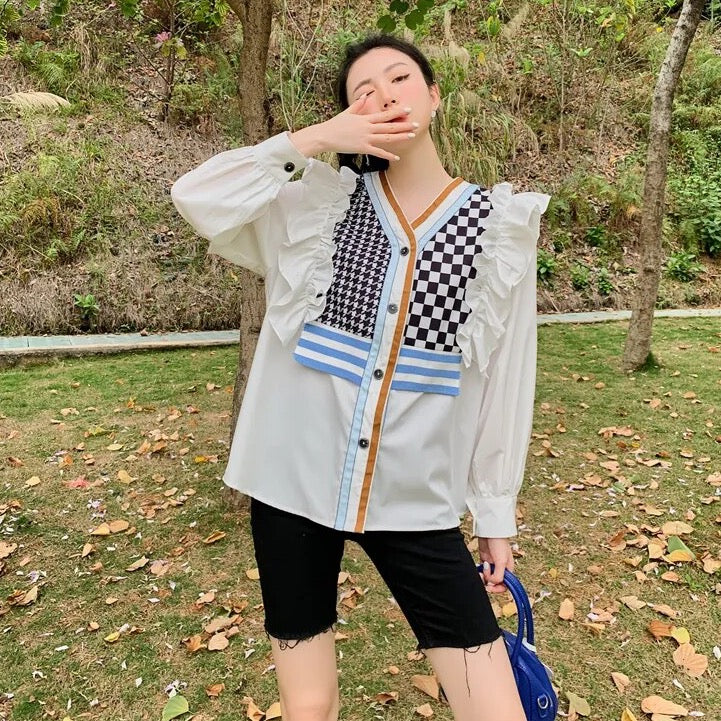 Aveline Checks Vest Patchwork Ruffle Shirt Blouse