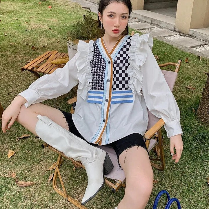 Aveline Checks Vest Patchwork Ruffle Shirt Blouse