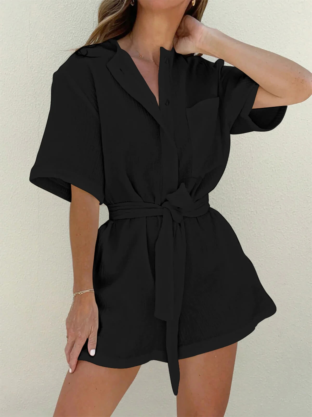 Textured Cargo Belted Linen Romper