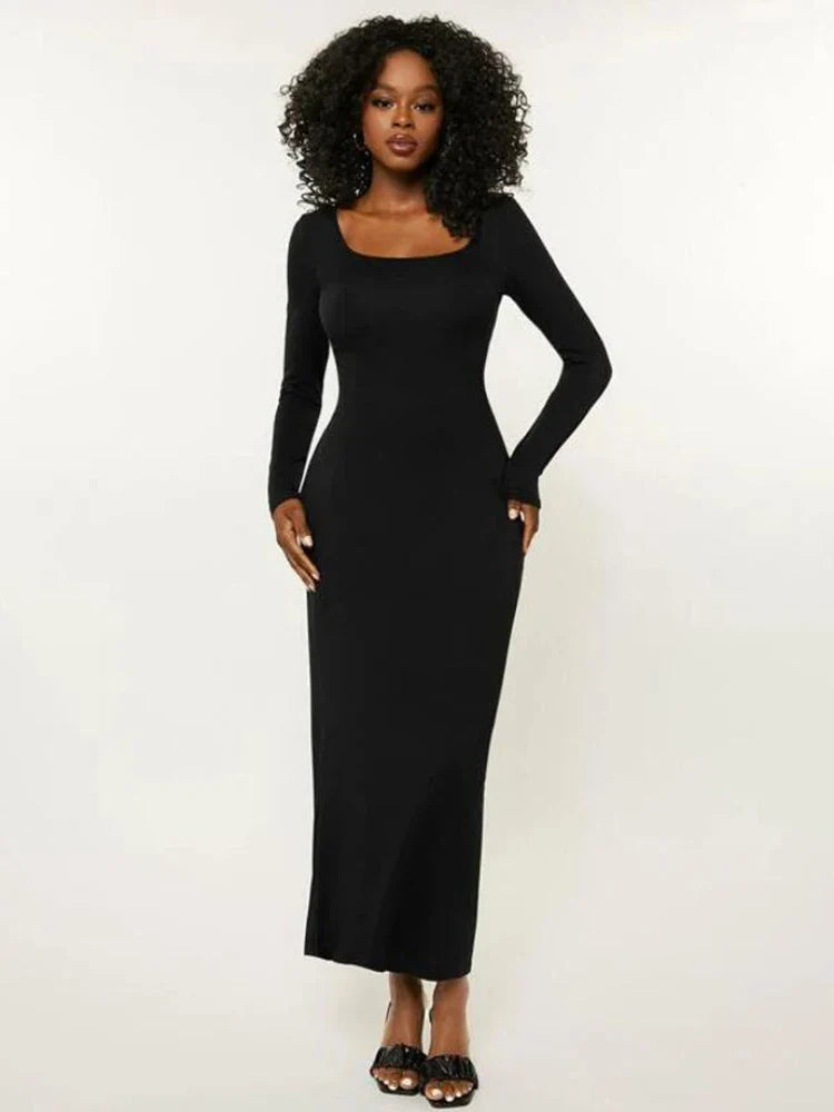 Basics Solid Long Sleeve Bodycon Maxi Midi Dresses