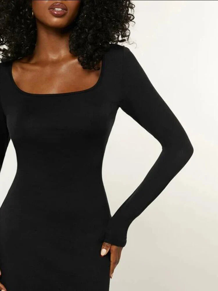 Basics Solid Long Sleeve Bodycon Maxi Midi Dresses