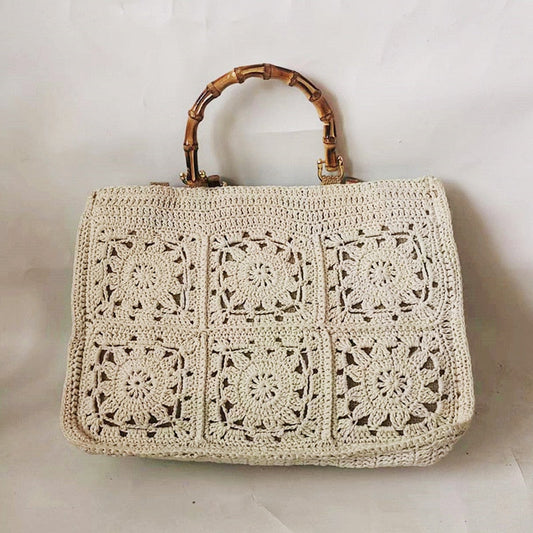 Bamboo Handle Vintage Crochet Knit Tote Bags - 6 Colors