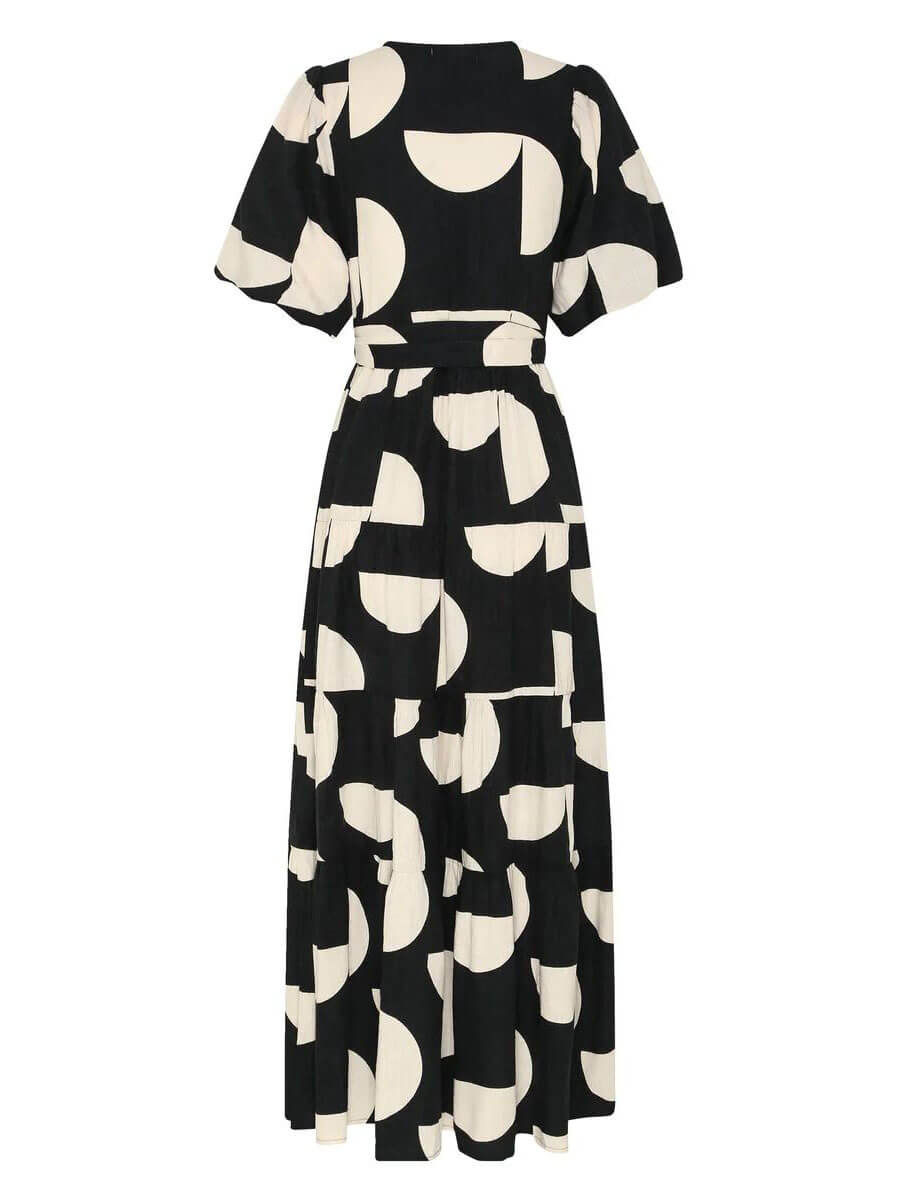 Puff Sleeve V-Neck Geometric Print Maxi Dress