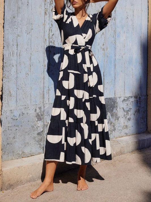 Puff Sleeve V-Neck Geometric Print Maxi Dress