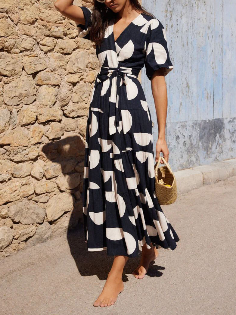 Puff Sleeve V-Neck Geometric Print Maxi Dress