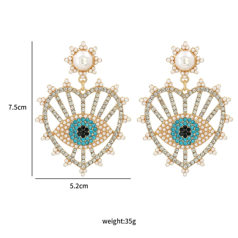 Bejeweled Love Heart Evil Eye Drop Earrings