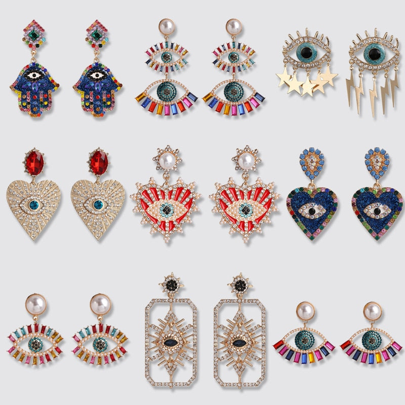 Bejeweled Love Heart Evil Eye Drop Earrings