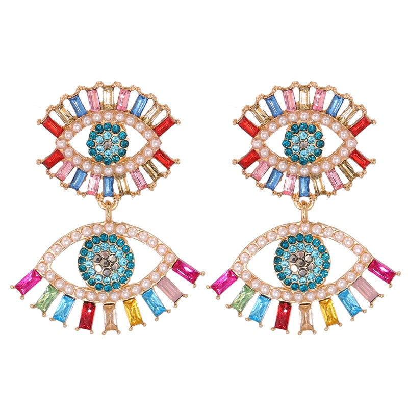 Bejeweled Love Heart Evil Eye Drop Earrings