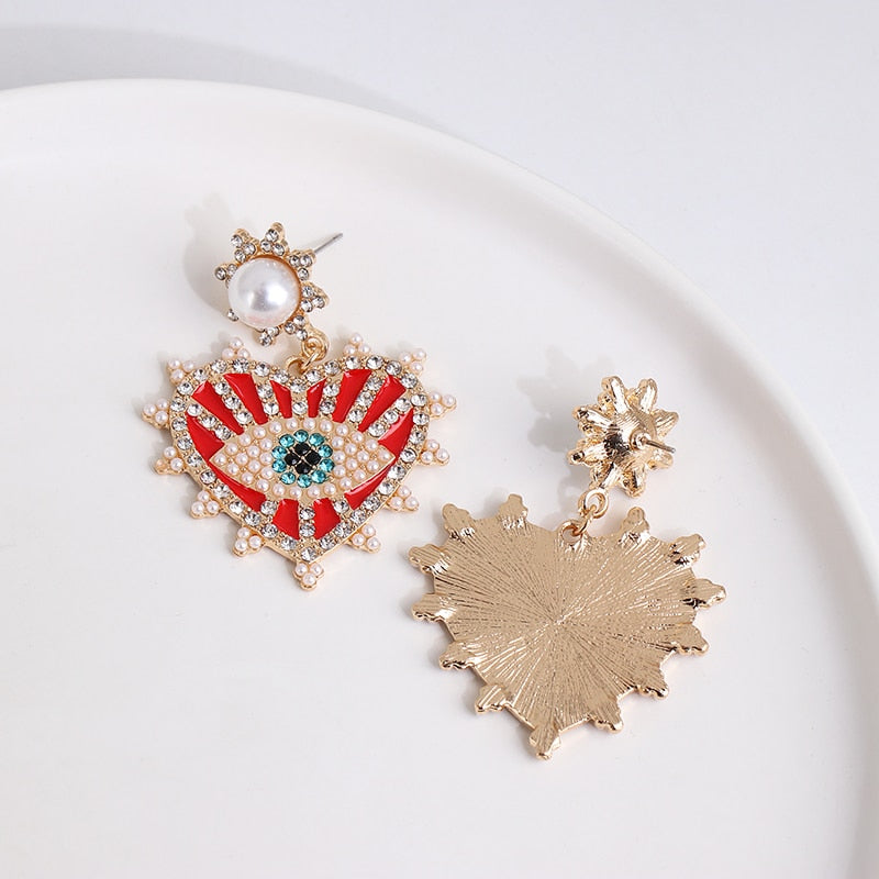 Bejeweled Love Heart Evil Eye Drop Earrings
