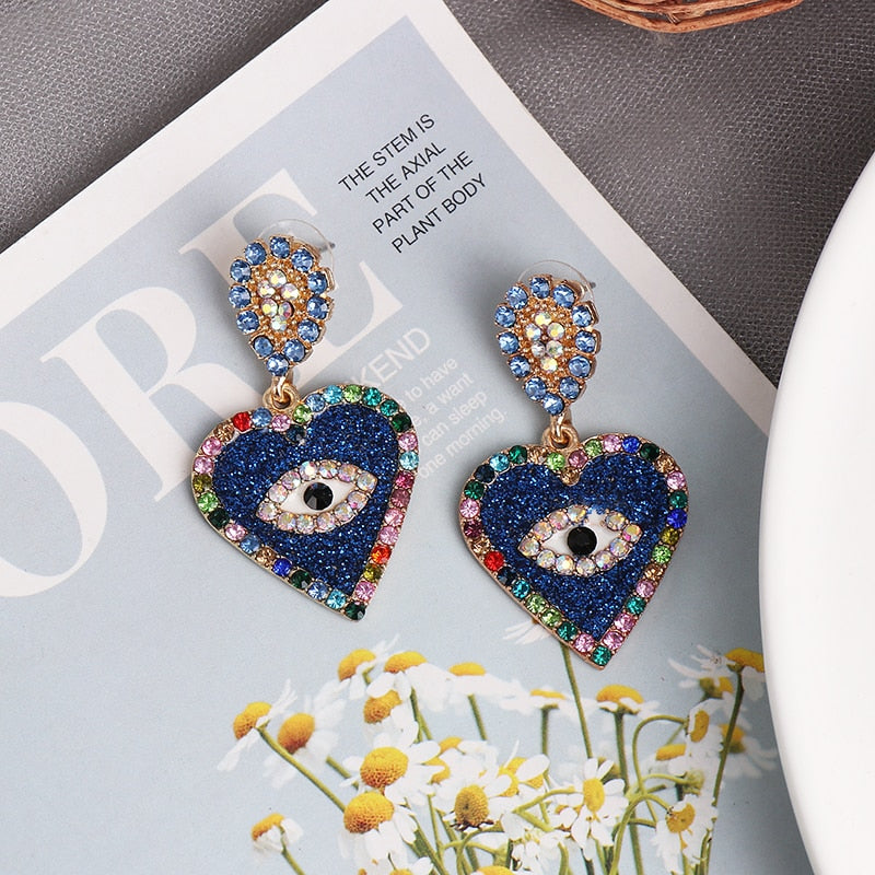 Bejeweled Love Heart Evil Eye Drop Earrings