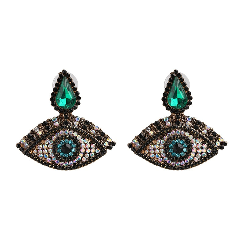 Bejeweled Love Heart Evil Eye Drop Earrings