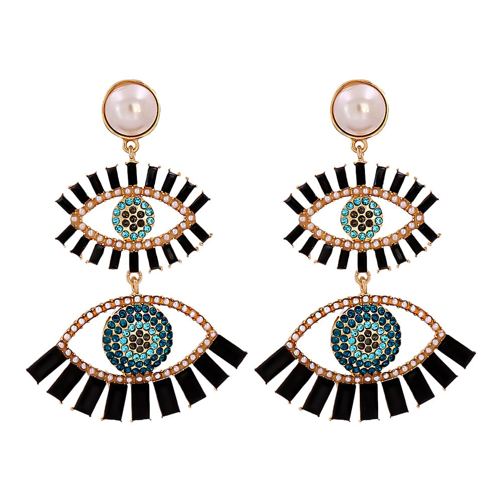 Bejeweled Love Heart Evil Eye Drop Earrings