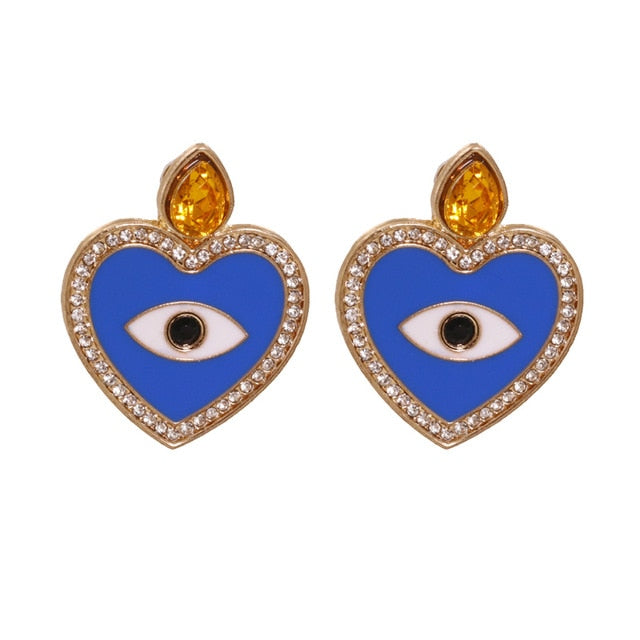 Bejeweled Love Heart Evil Eye Drop Earrings