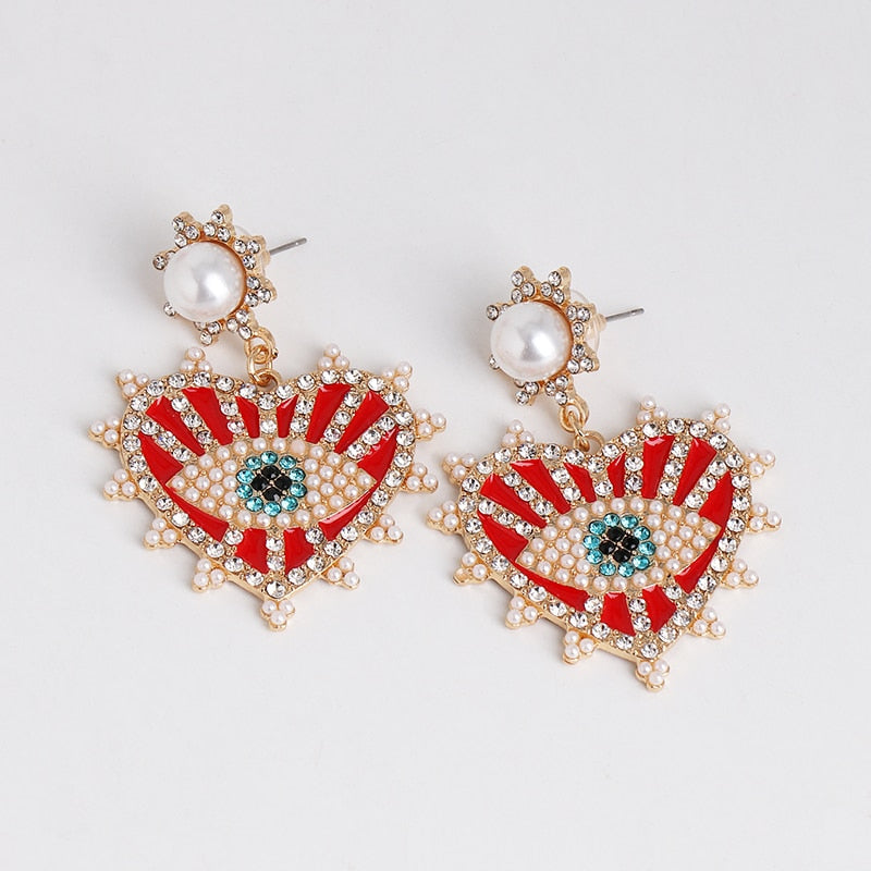 Bejeweled Love Heart Evil Eye Drop Earrings