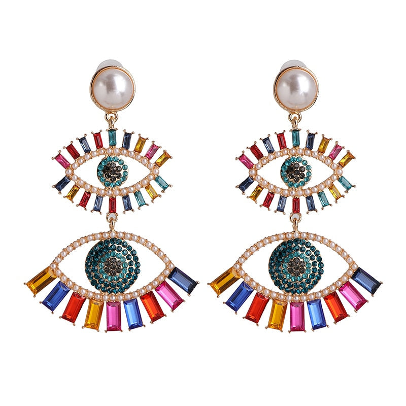 Bejeweled Love Heart Evil Eye Drop Earrings