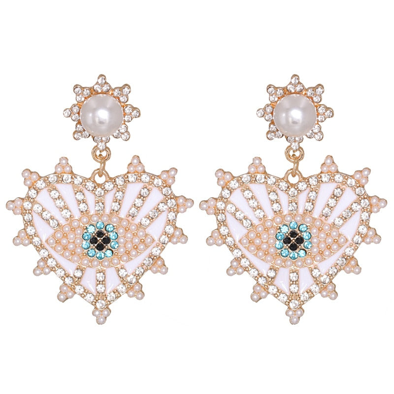Bejeweled Love Heart Evil Eye Drop Earrings