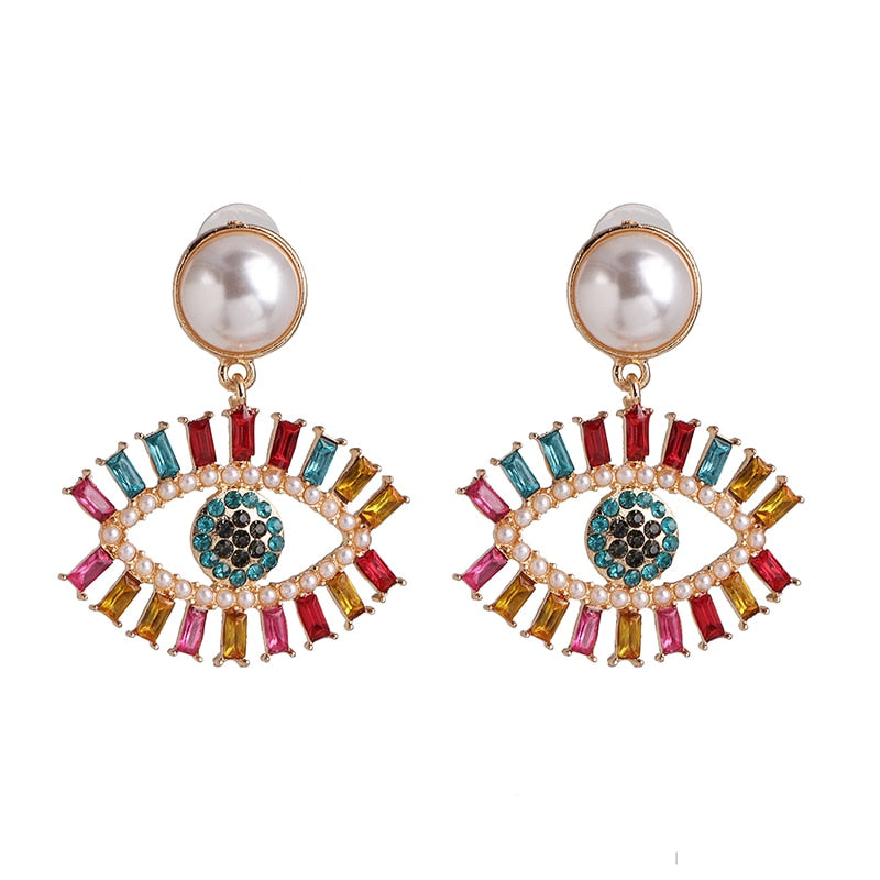 Bejeweled Love Heart Evil Eye Drop Earrings