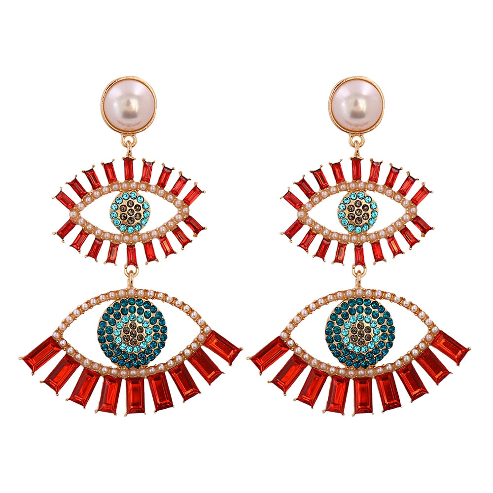 Bejeweled Love Heart Evil Eye Drop Earrings