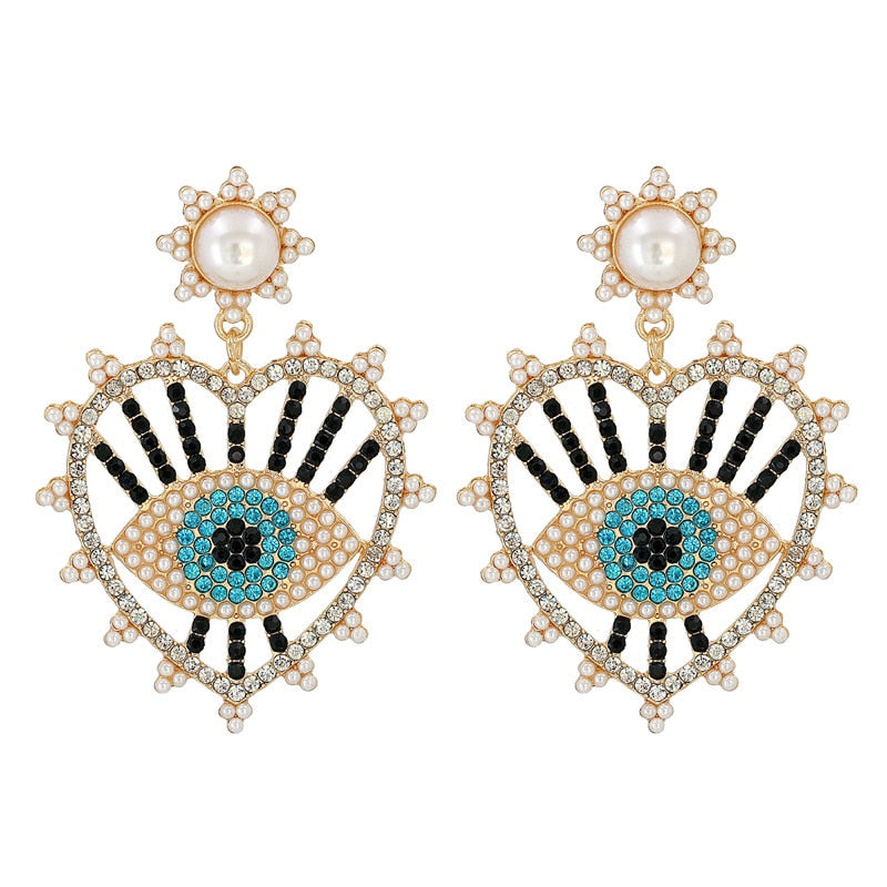 Bejeweled Love Heart Evil Eye Drop Earrings