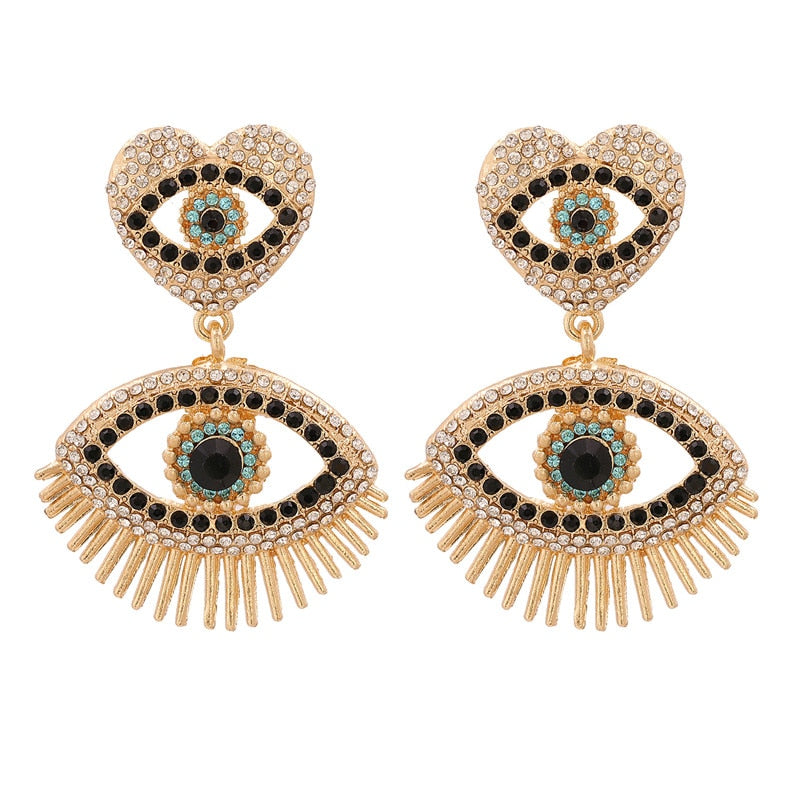 Bejeweled Love Heart Evil Eye Drop Earrings