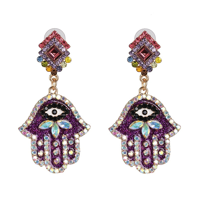 Bejeweled Love Heart Evil Eye Drop Earrings