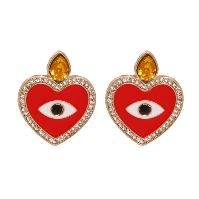 Bejeweled Love Heart Evil Eye Drop Earrings