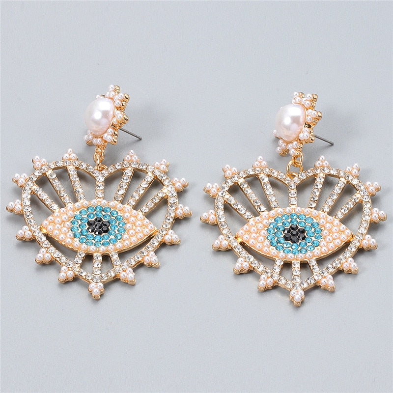 Bejeweled Love Heart Evil Eye Drop Earrings