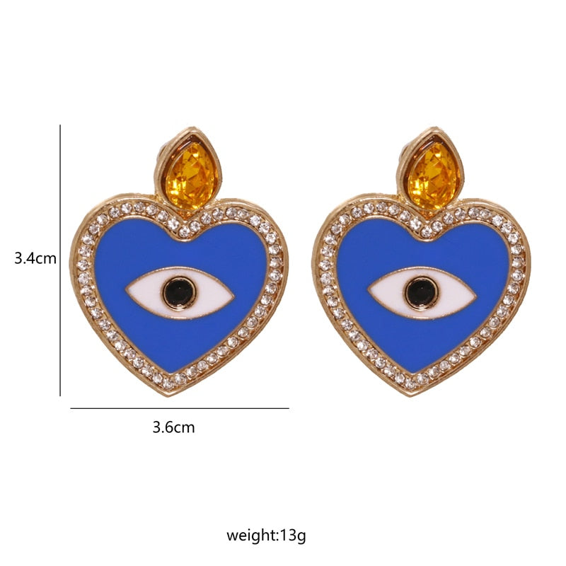Bejeweled Love Heart Evil Eye Drop Earrings