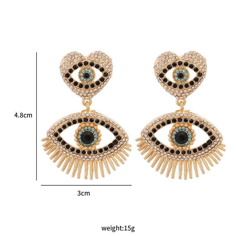 Bejeweled Love Heart Evil Eye Drop Earrings