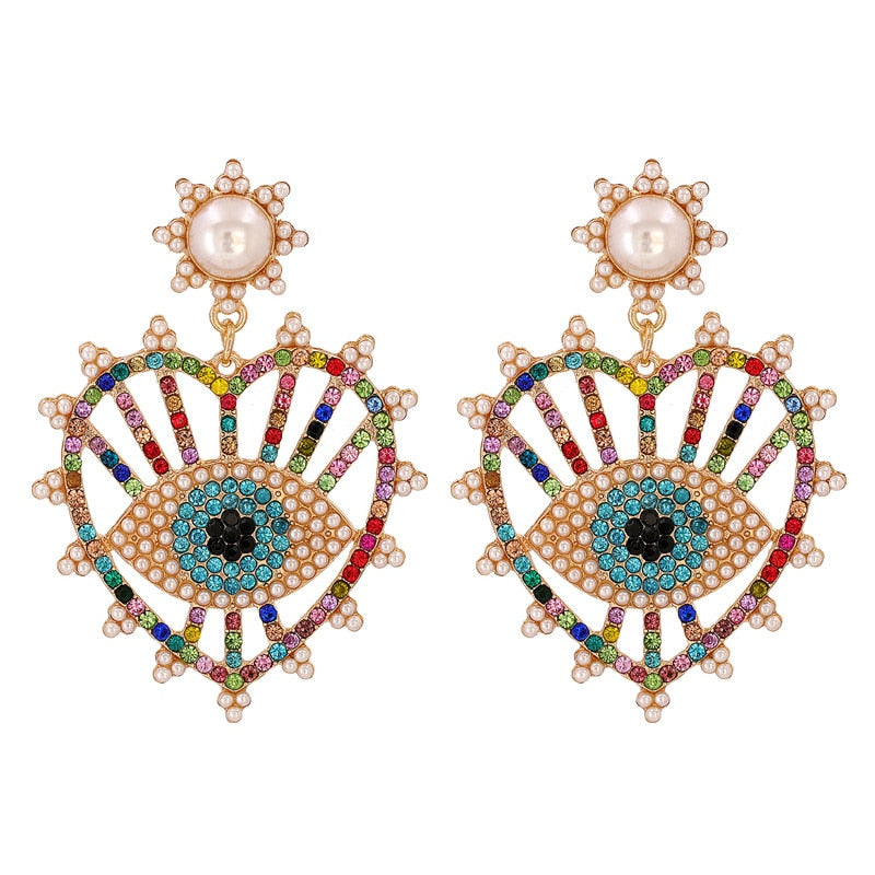 Bejeweled Love Heart Evil Eye Drop Earrings