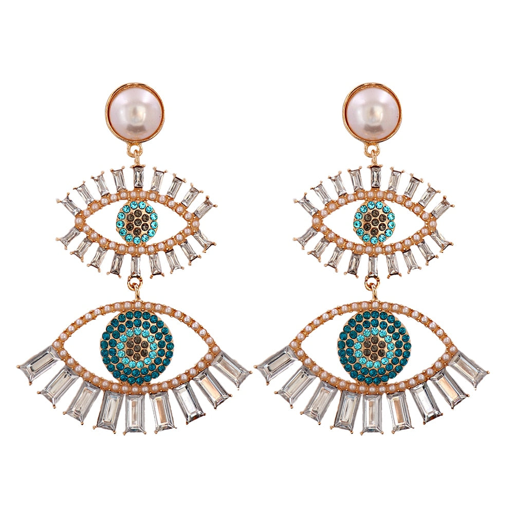Bejeweled Love Heart Evil Eye Drop Earrings