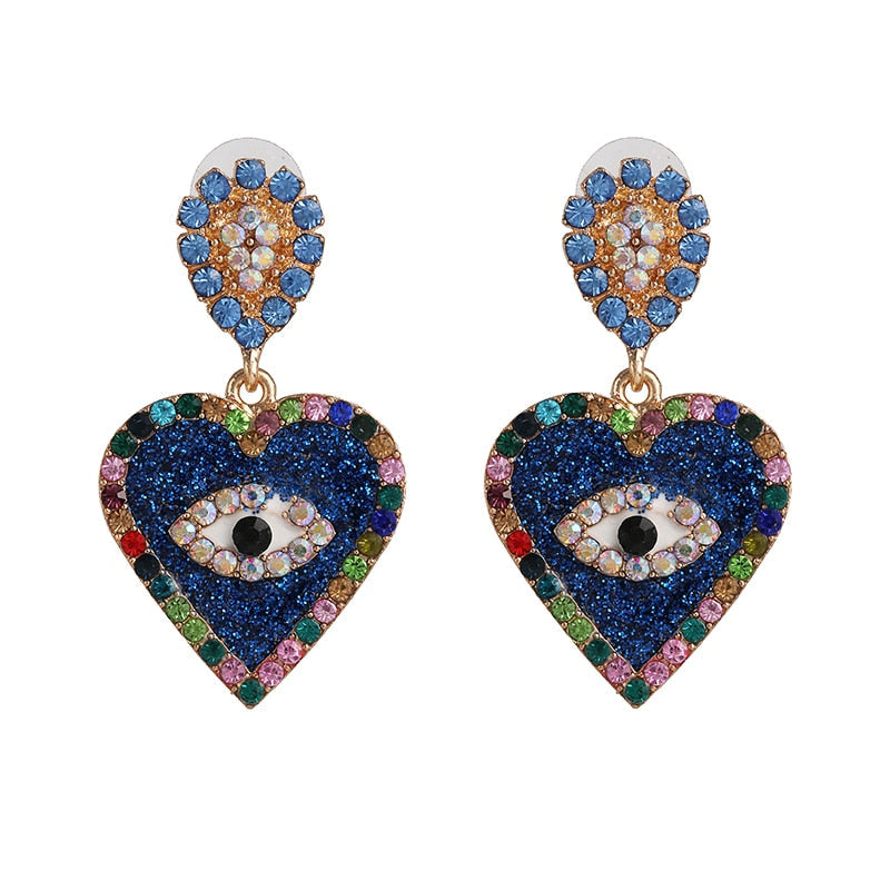 Bejeweled Love Heart Evil Eye Drop Earrings