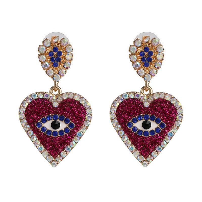Bejeweled Love Heart Evil Eye Drop Earrings