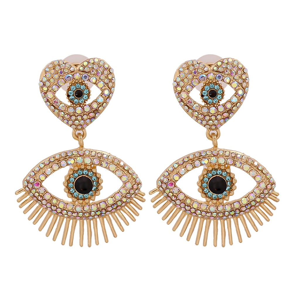 Bejeweled Love Heart Evil Eye Drop Earrings