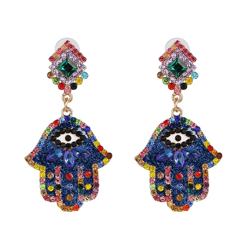 Bejeweled Love Heart Evil Eye Drop Earrings