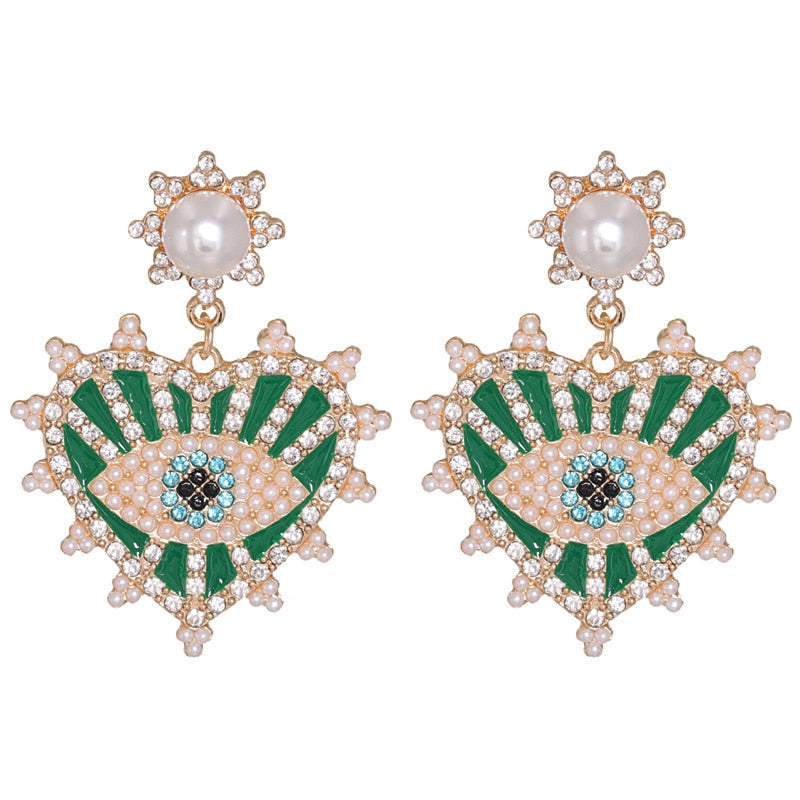 Bejeweled Love Heart Evil Eye Drop Earrings