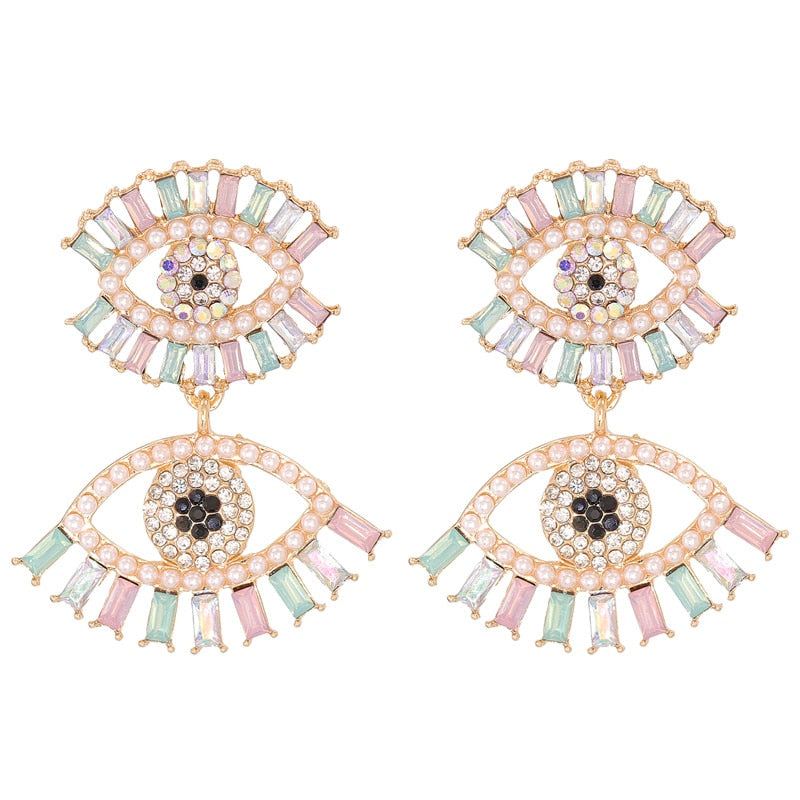 Bejeweled Love Heart Evil Eye Drop Earrings