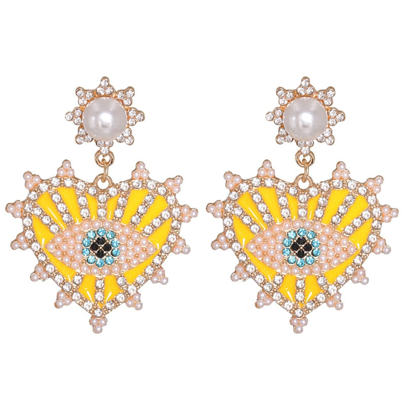 Bejeweled Love Heart Evil Eye Drop Earrings