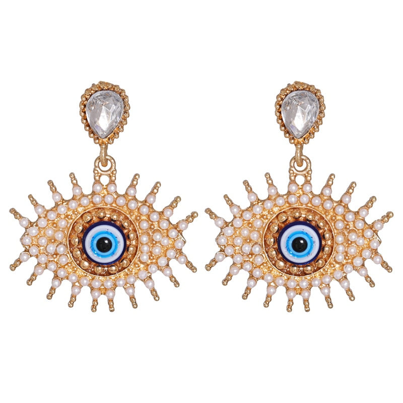 Bejeweled Love Heart Evil Eye Drop Earrings