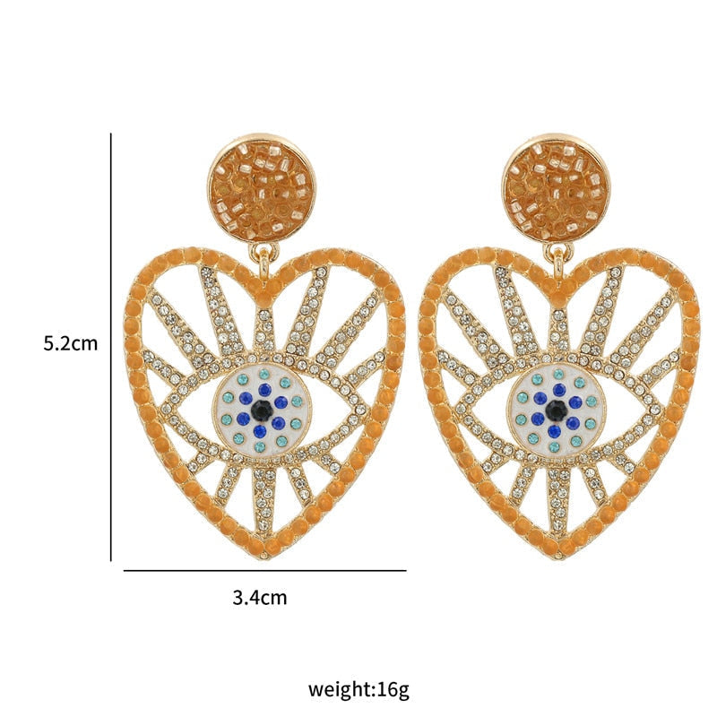 Bejeweled Love Heart Evil Eye Drop Earrings