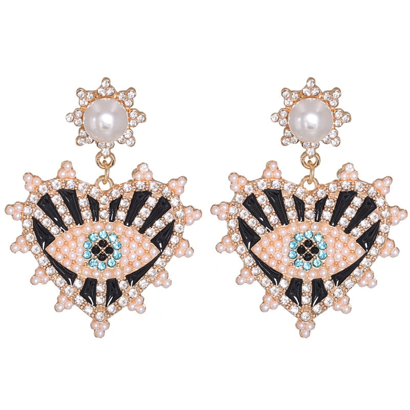 Bejeweled Love Heart Evil Eye Drop Earrings