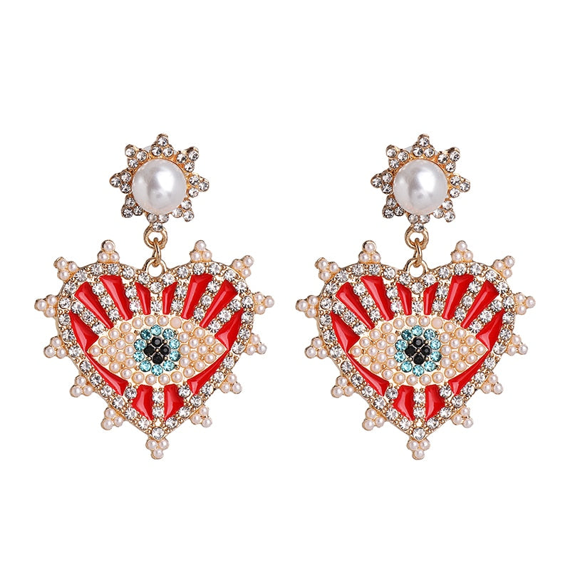 Bejeweled Love Heart Evil Eye Drop Earrings