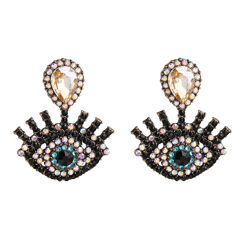 Bejeweled Love Heart Evil Eye Drop Earrings
