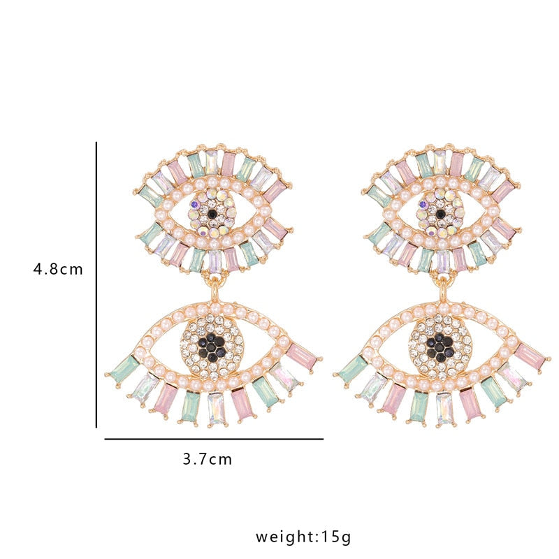 Bejeweled Love Heart Evil Eye Drop Earrings
