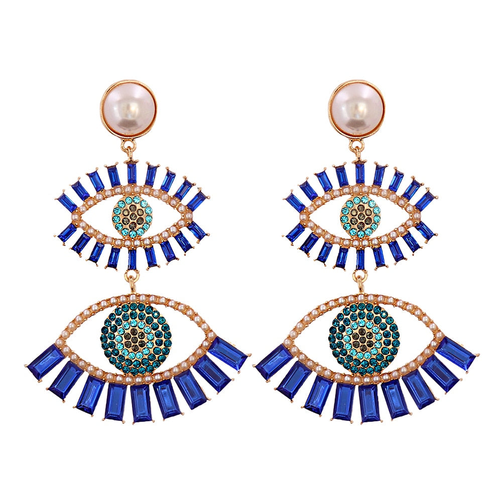 Bejeweled Love Heart Evil Eye Drop Earrings