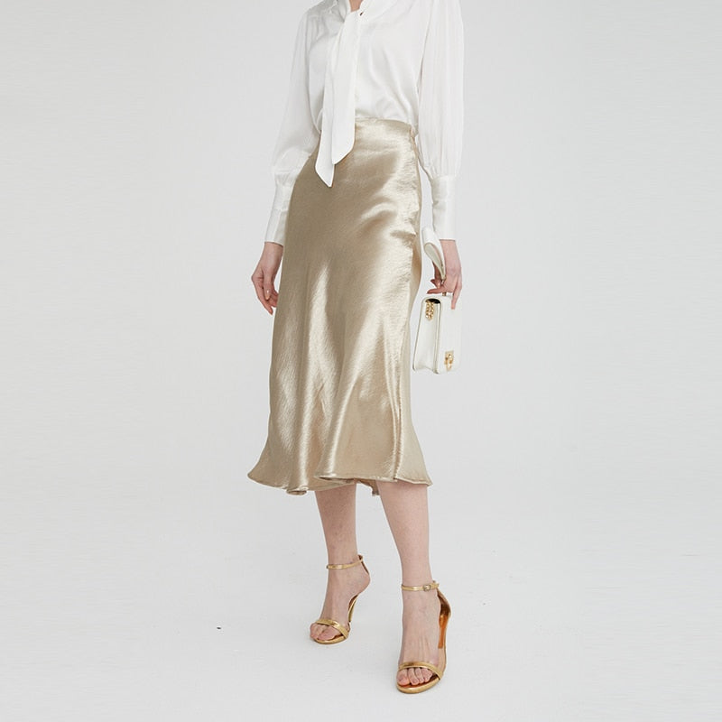 Bella Textured Satin Midi Skirt - Gold