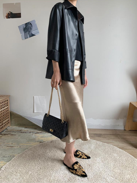 Bella Textured Satin Midi Skirt - Gold