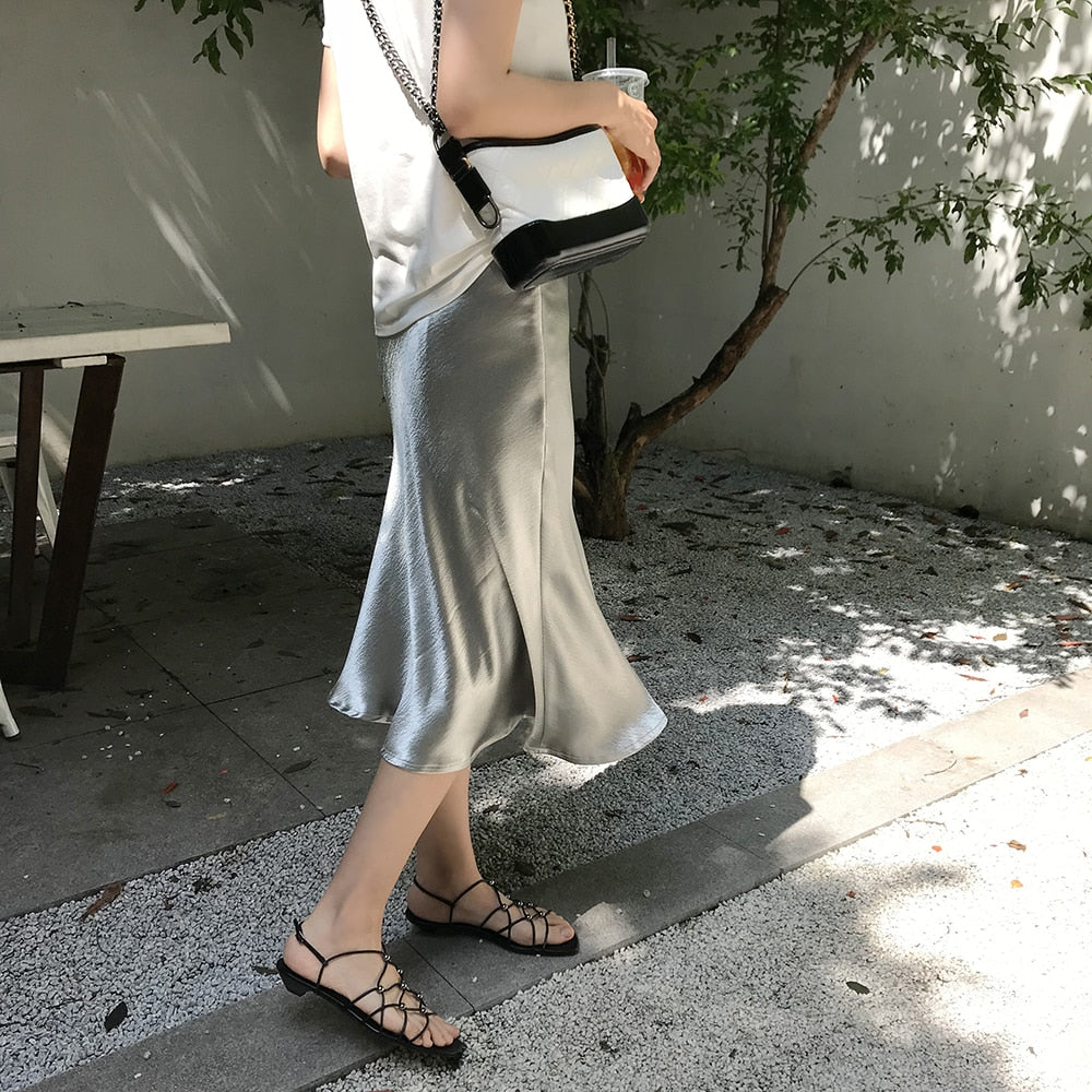 Bella Textured Satin Midi Skirt - Gold