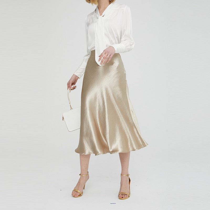 Bella Textured Satin Midi Skirt - Gold